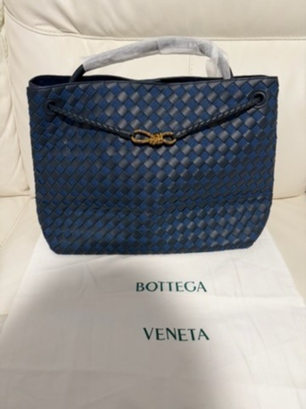 Bottega Veneta Navy Intrecciato Woven Tote with Gold-Tone Accent